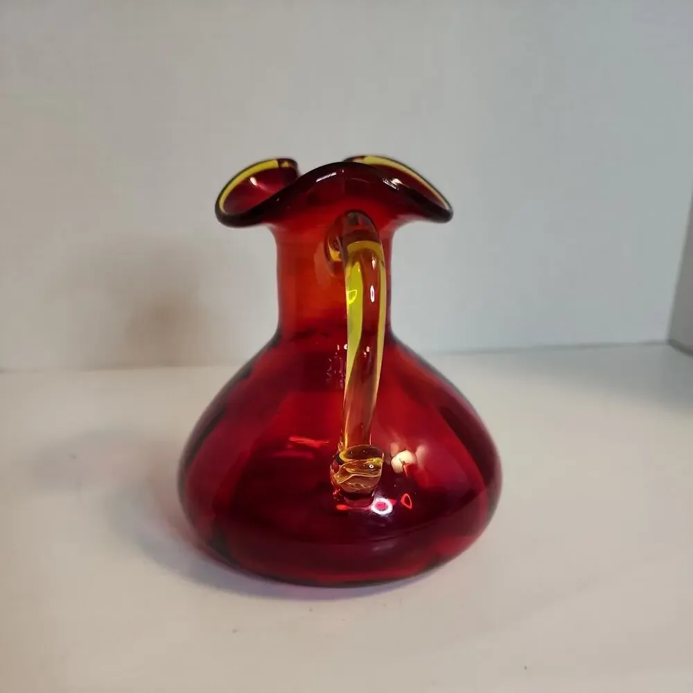 VTG Red Art Glass Optic Creamer Cruet Hand Blown Yellow Trim & Applied Handle